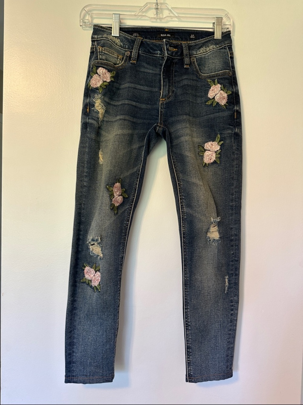 Miss Me Dark Wash Skinny Jeans with Pink Floral Embroidery